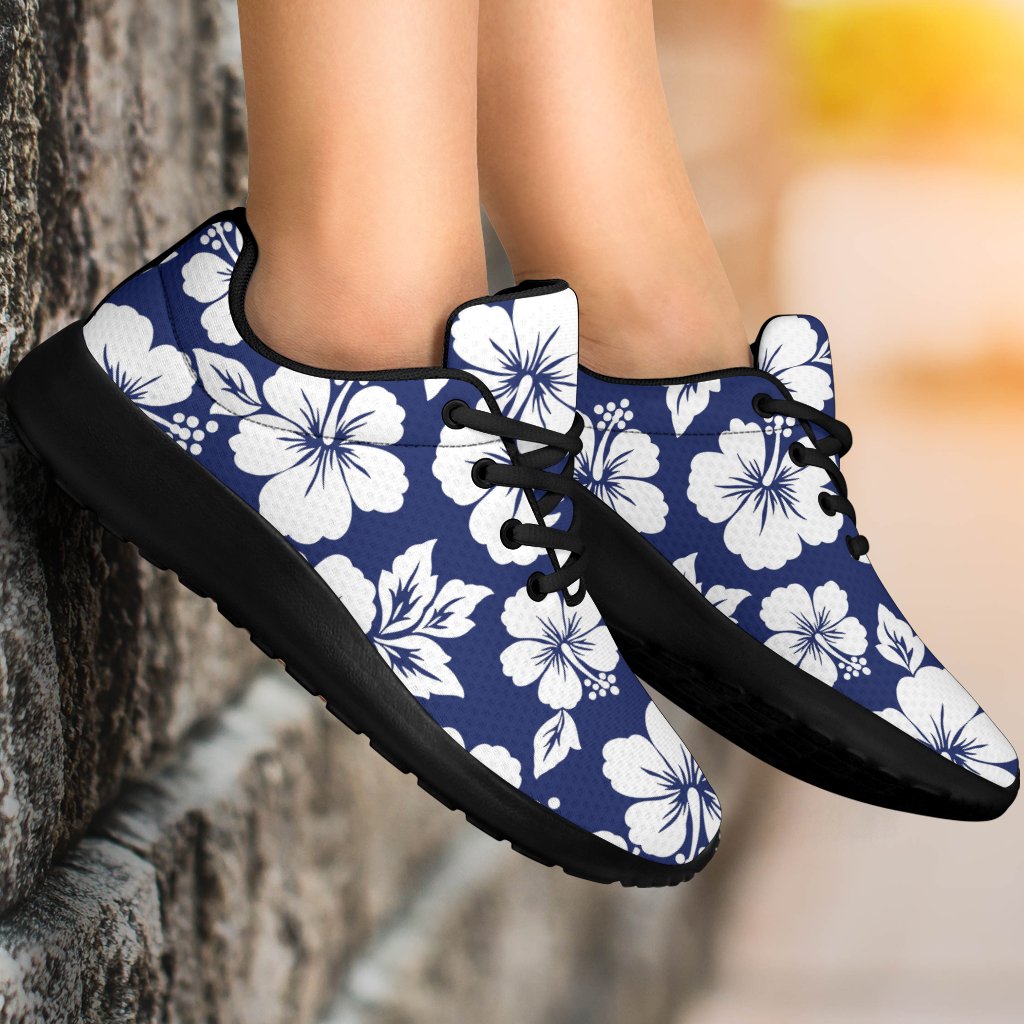 White Blue Hibiscus Floral Pattern Print Sport Shoes GearFrost