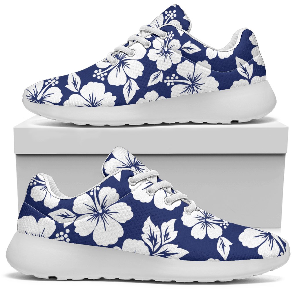 White Blue Hibiscus Floral Pattern Print Sport Shoes GearFrost