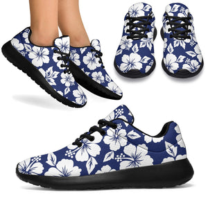 White Blue Hibiscus Floral Pattern Print Sport Shoes GearFrost