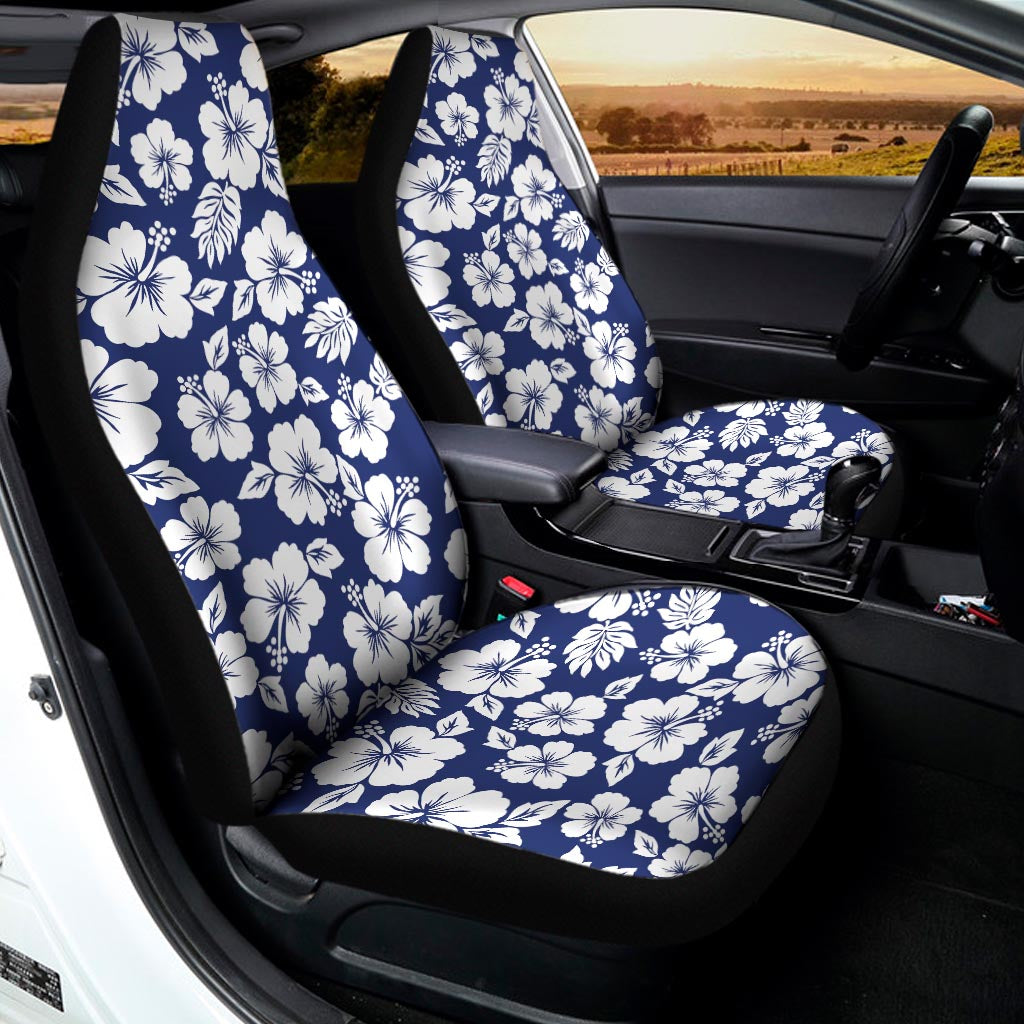 White Blue Hibiscus Floral Pattern Print Universal Fit Car Seat Covers