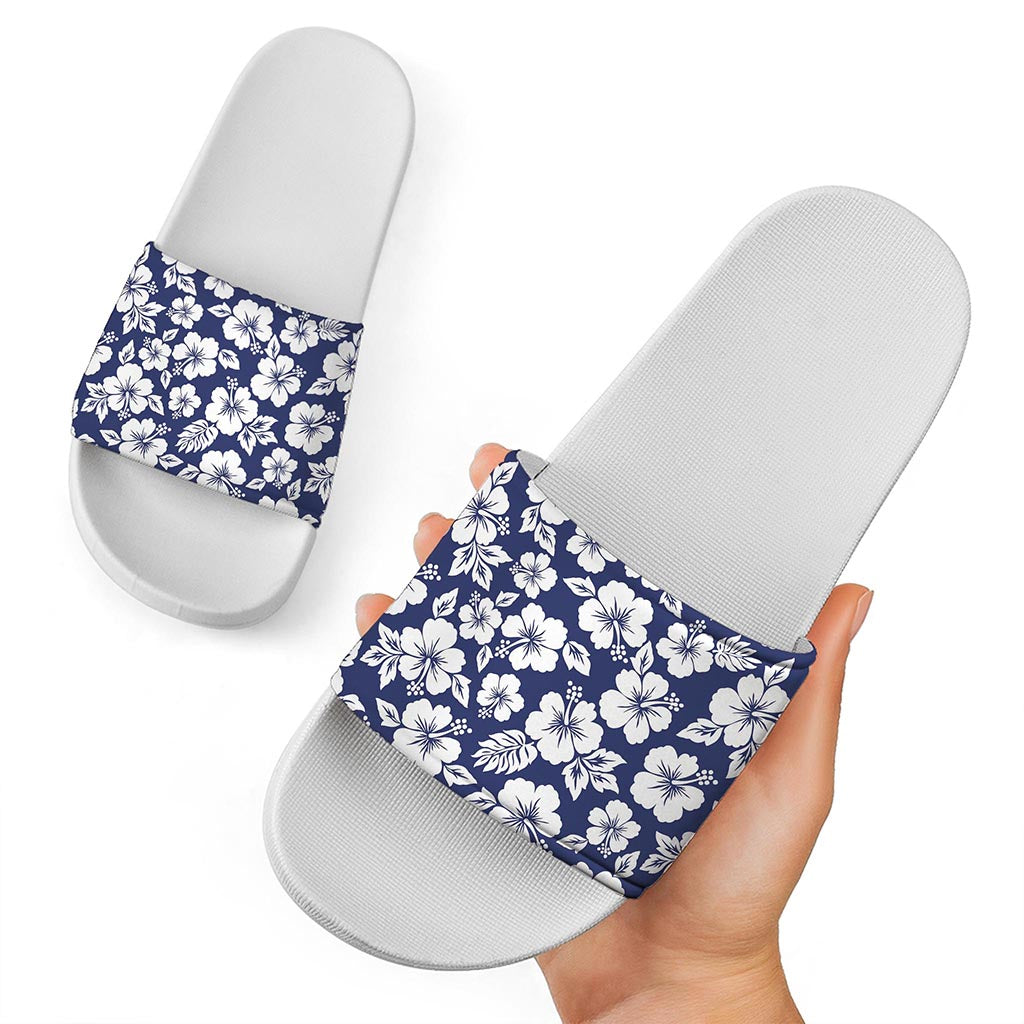 White Blue Hibiscus Floral Pattern Print White Slide Sandals