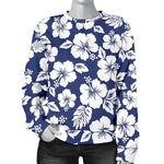 White Blue Hibiscus Floral Pattern Print Women's Crewneck Sweatshirt GearFrost