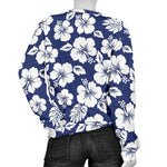 White Blue Hibiscus Floral Pattern Print Women's Crewneck Sweatshirt GearFrost