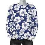 White Blue Hibiscus Floral Pattern Print Women's Crewneck Sweatshirt GearFrost