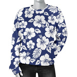 White Blue Hibiscus Floral Pattern Print Women's Crewneck Sweatshirt GearFrost