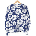 White Blue Hibiscus Floral Pattern Print Women's Crewneck Sweatshirt