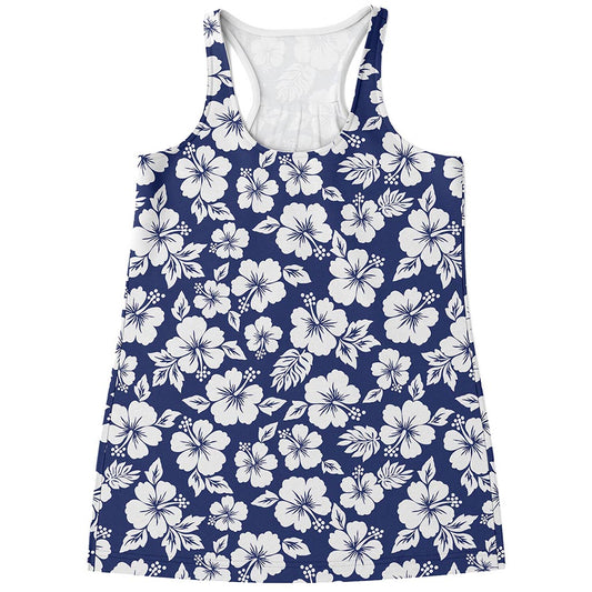 White Blue Hibiscus Floral Pattern Print Women's Racerback Tank Top