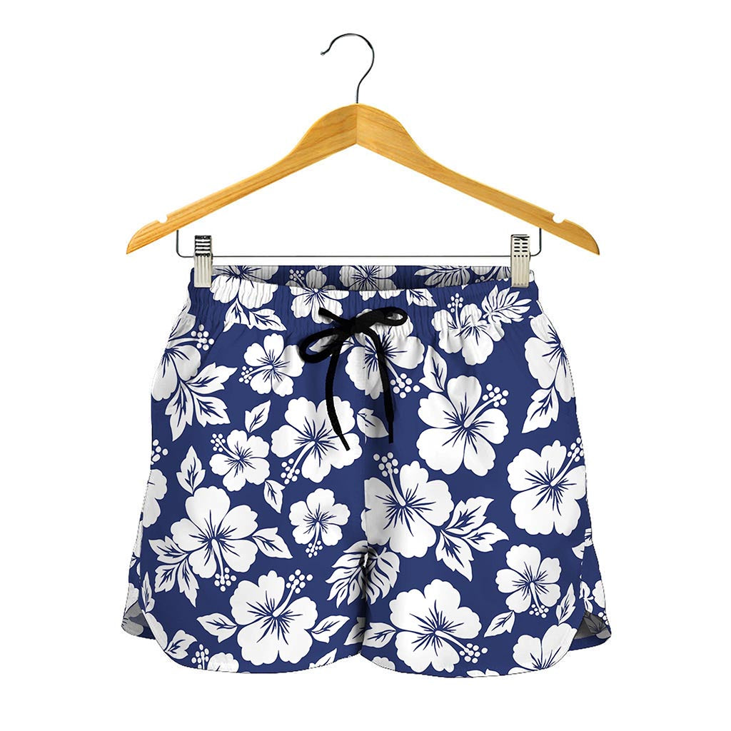 White Blue Hibiscus Floral Pattern Print Women's Shorts