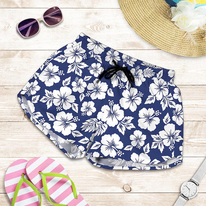White Blue Hibiscus Floral Pattern Print Women's Shorts