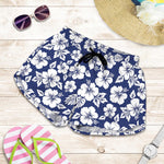 White Blue Hibiscus Floral Pattern Print Women's Shorts