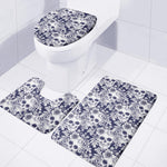White Blue Skull Floral Pattern Print 3 Piece Bath Mat Set