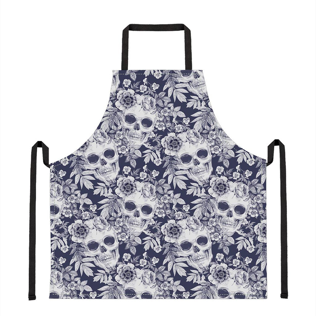 White Blue Skull Floral Pattern Print Apron