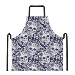 White Blue Skull Floral Pattern Print Apron