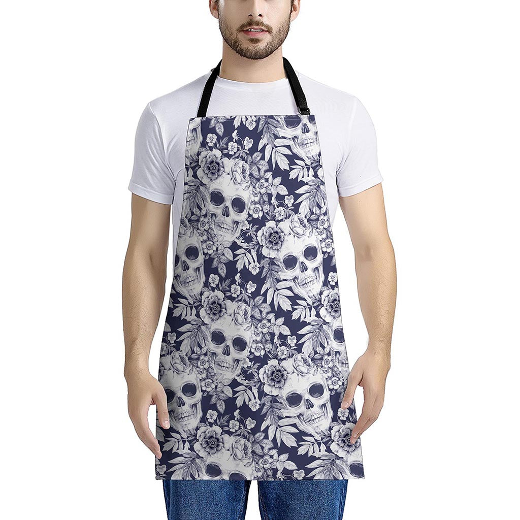 White Blue Skull Floral Pattern Print Apron