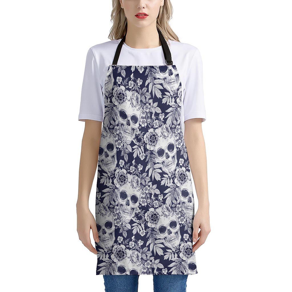 White Blue Skull Floral Pattern Print Apron