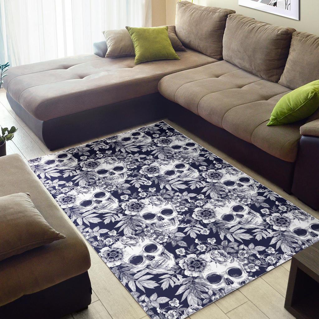 White Blue Skull Floral Pattern Print Area Rug GearFrost