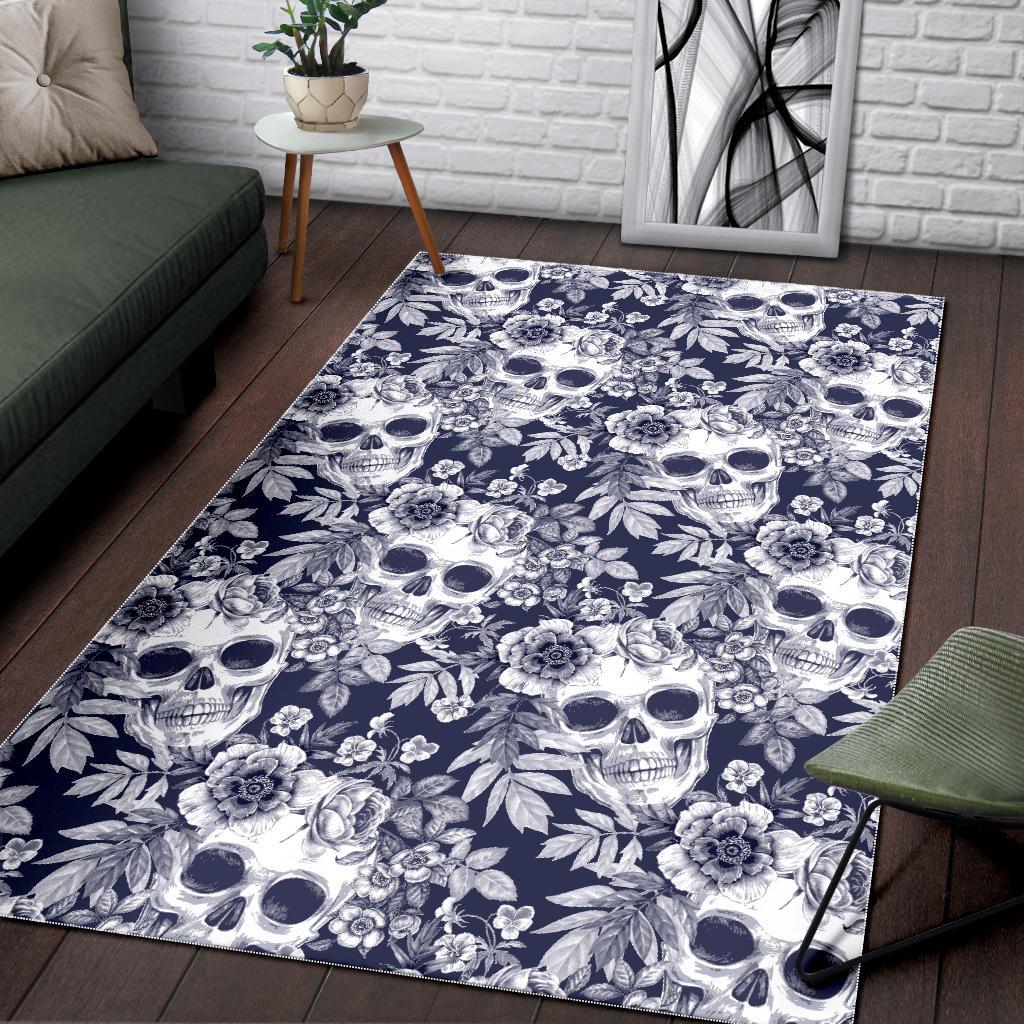 White Blue Skull Floral Pattern Print Area Rug GearFrost