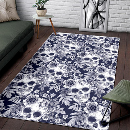 White Blue Skull Floral Pattern Print Area Rug GearFrost