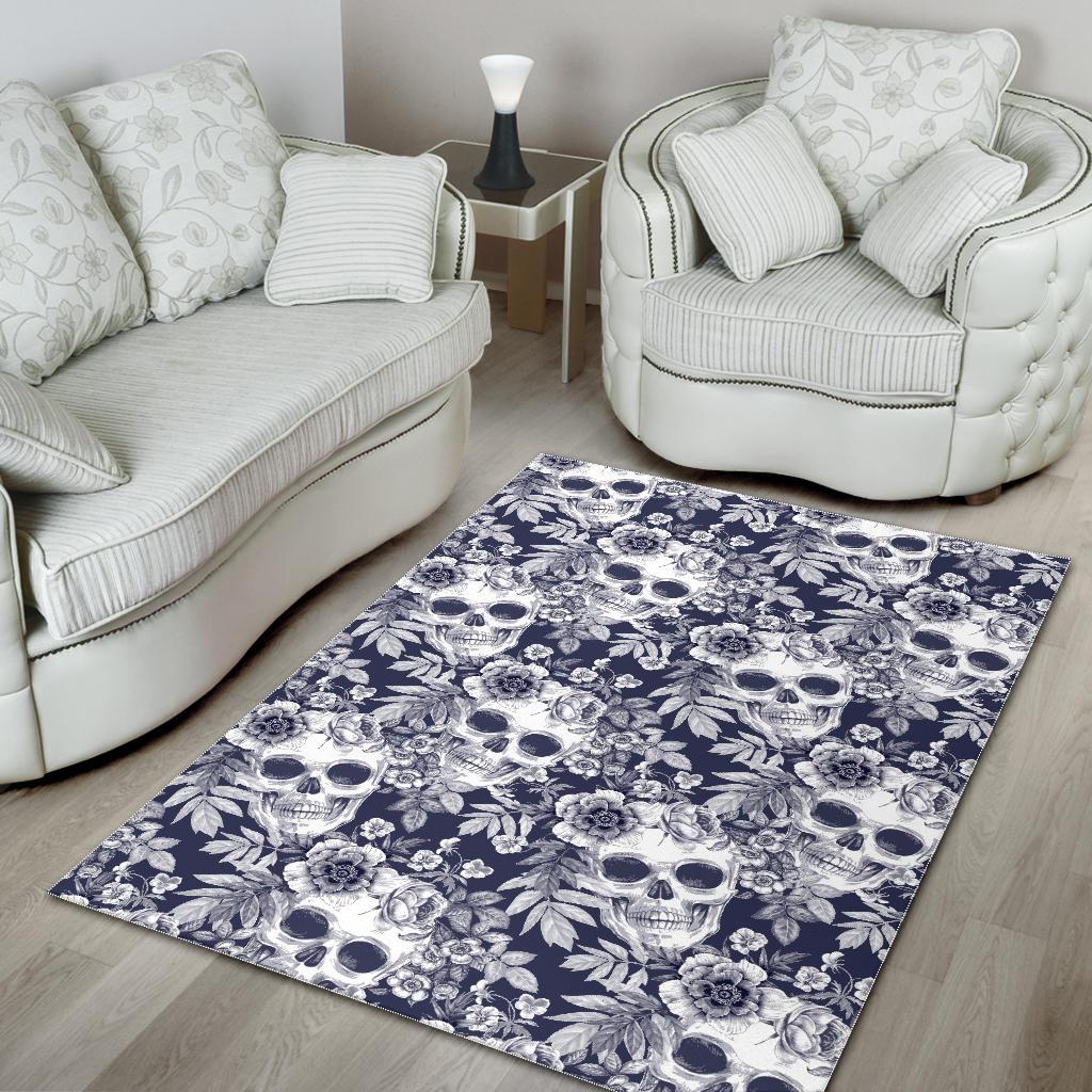 White Blue Skull Floral Pattern Print Area Rug GearFrost