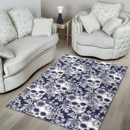 White Blue Skull Floral Pattern Print Area Rug GearFrost