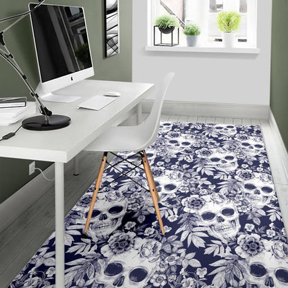 White Blue Skull Floral Pattern Print Area Rug GearFrost