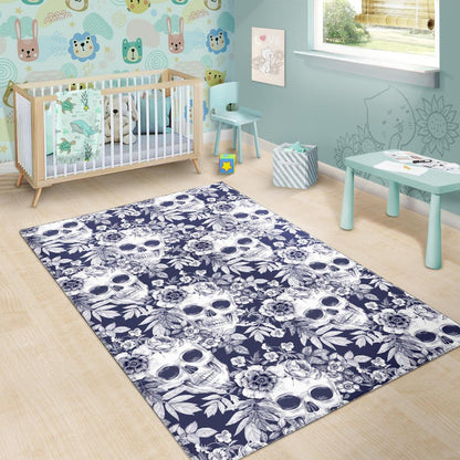 White Blue Skull Floral Pattern Print Area Rug GearFrost