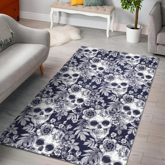 White Blue Skull Floral Pattern Print Area Rug GearFrost