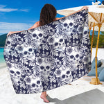 White Blue Skull Floral Pattern Print Beach Sarong Wrap