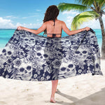White Blue Skull Floral Pattern Print Beach Sarong Wrap