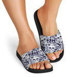White Blue Skull Floral Pattern Print Black Slide Sandals