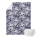 White Blue Skull Floral Pattern Print Blanket