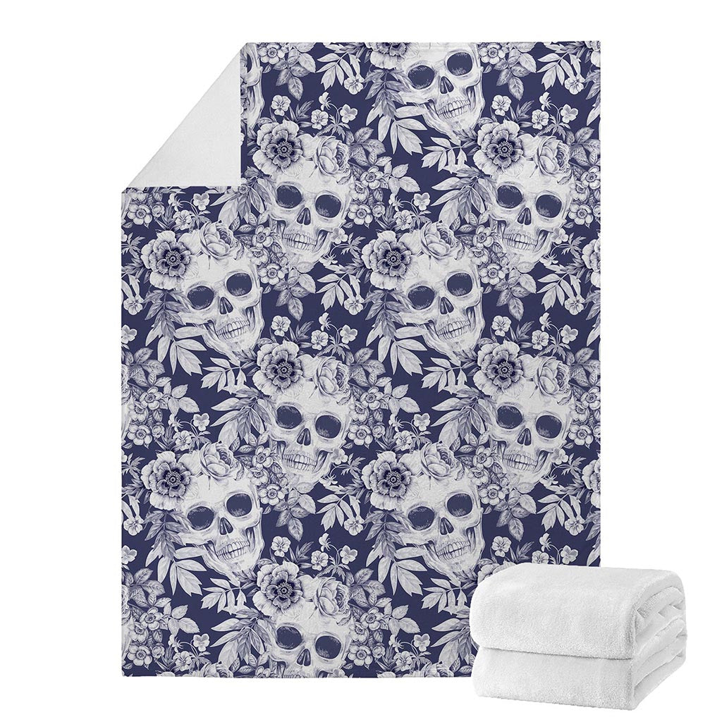 White Blue Skull Floral Pattern Print Blanket