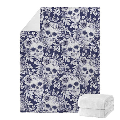 White Blue Skull Floral Pattern Print Blanket