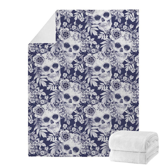 White Blue Skull Floral Pattern Print Blanket