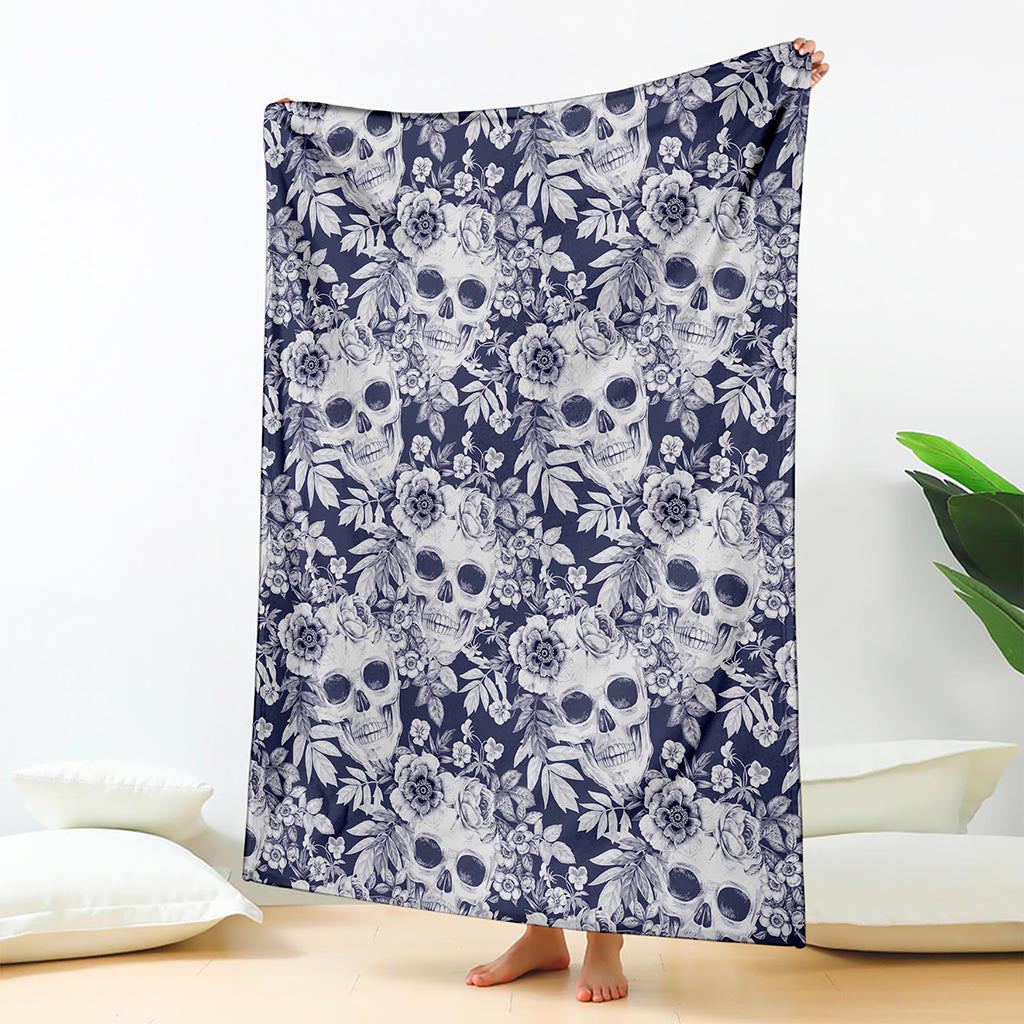White Blue Skull Floral Pattern Print Blanket