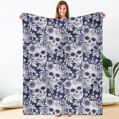 White Blue Skull Floral Pattern Print Blanket