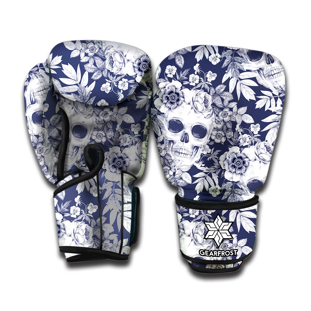 White Blue Skull Floral Pattern Print Boxing Gloves