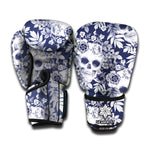 White Blue Skull Floral Pattern Print Boxing Gloves
