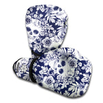 White Blue Skull Floral Pattern Print Boxing Gloves