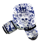 White Blue Skull Floral Pattern Print Boxing Gloves