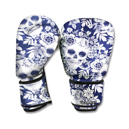 White Blue Skull Floral Pattern Print Boxing Gloves