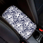 White Blue Skull Floral Pattern Print Car Center Console Cover