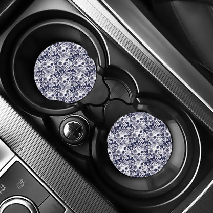 White Blue Skull Floral Pattern Print Car Coasters
