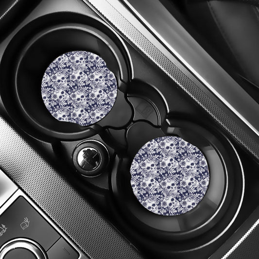 White Blue Skull Floral Pattern Print Car Coasters