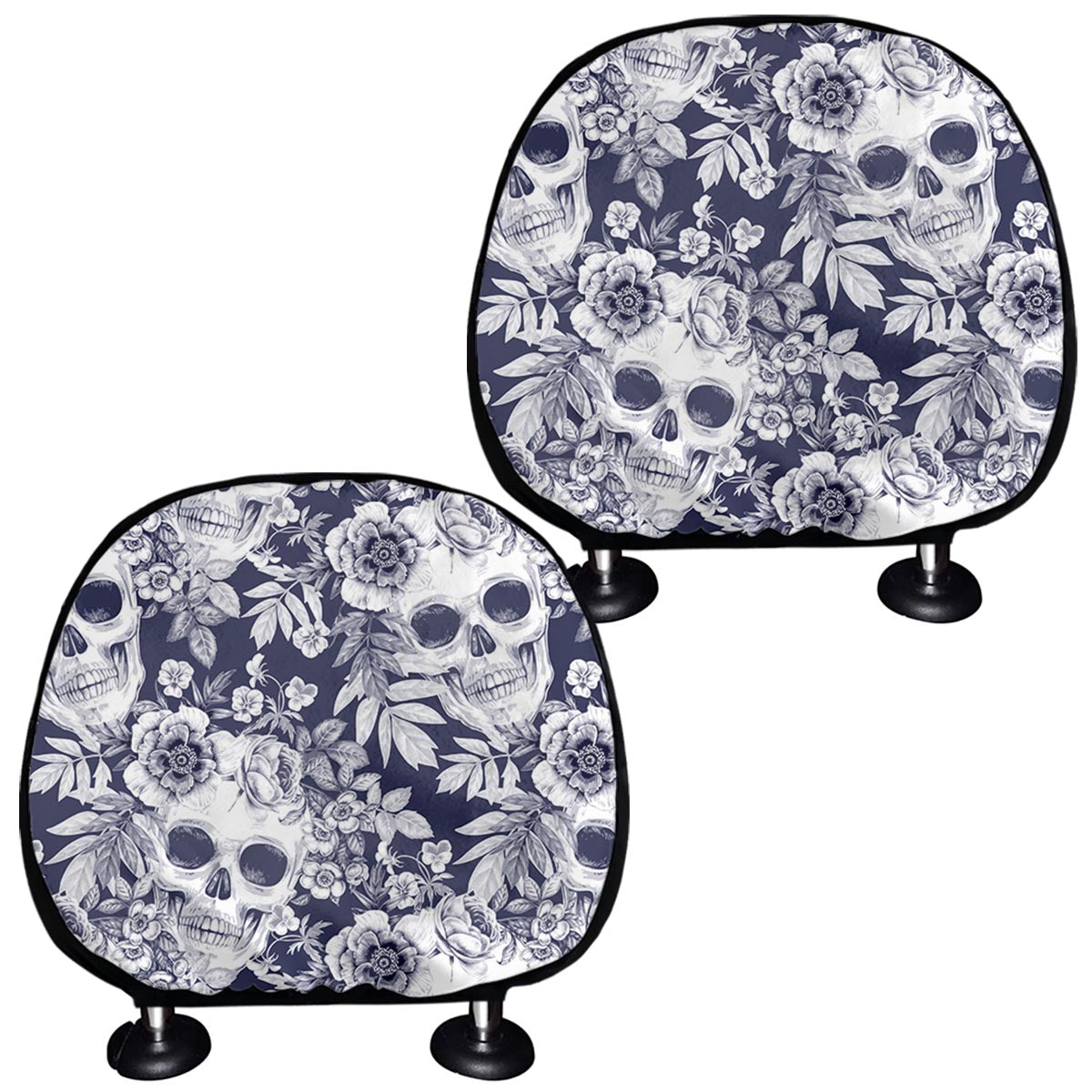 White Blue Skull Floral Pattern Print Car Headrest Covers