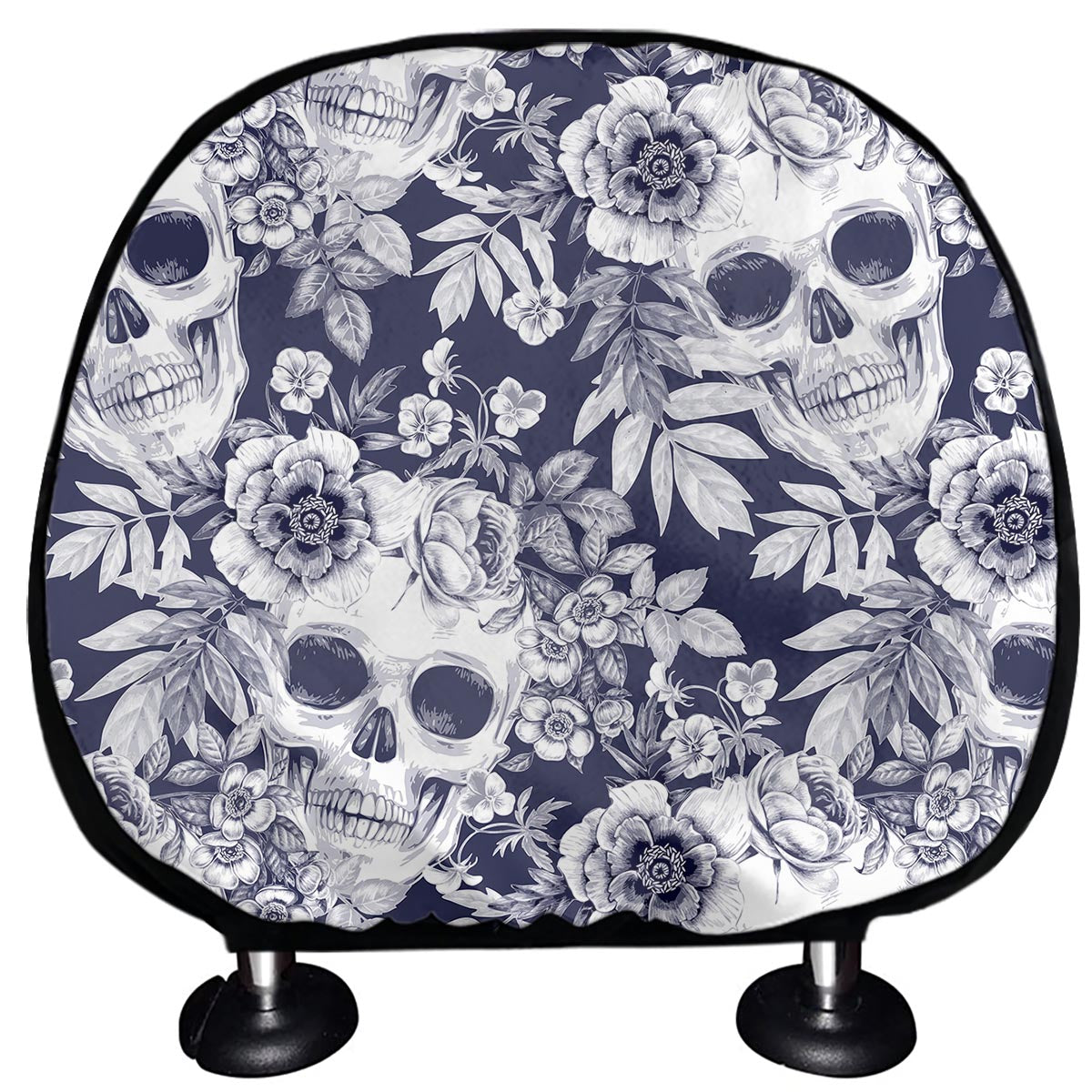 White Blue Skull Floral Pattern Print Car Headrest Covers