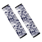 White Blue Skull Floral Pattern Print Car Seat Belt Covers