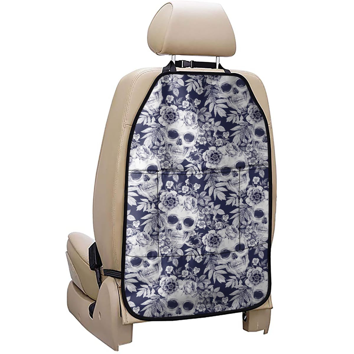 White Blue Skull Floral Pattern Print Car Seat Organizers