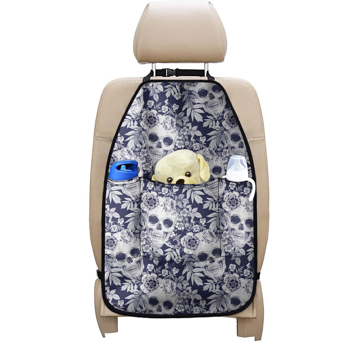 White Blue Skull Floral Pattern Print Car Seat Organizers