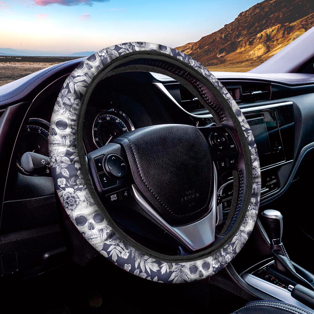 White Blue Skull Floral Pattern Print Car Steering Wheel Cover